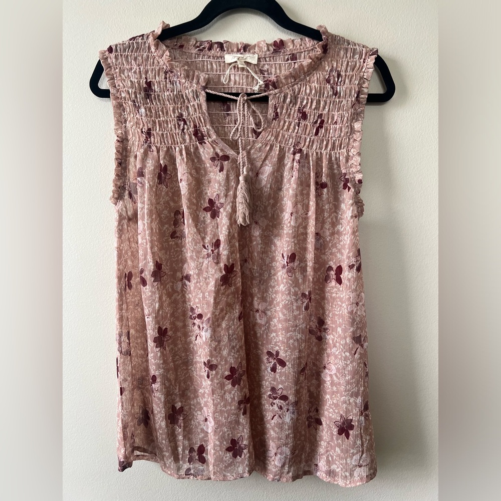Mystree Pink Smocked Tie Front Tank Top Blouse Women L Floral Semi Sheer Summer